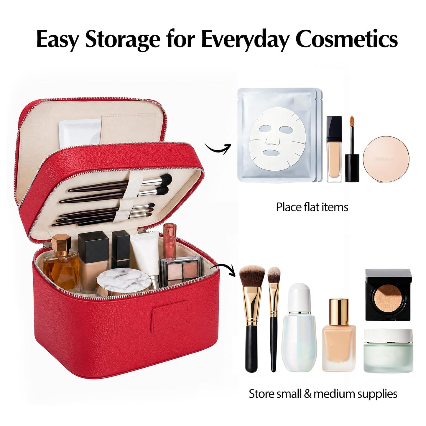 idoltimes Makeup Case,Leather Double Layer Makeup Bag Duo,Large Portable Travel Toiletry Case Cosmetic Organizer for Women