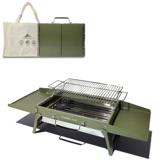 Charmline 15 x 11 inches Portable Charcoal BBQ Grill, Foldable Compact Camping Barbecue for 2–4 People, Ideal for Garden, Beach, Picnic & Tabletop Use, Green