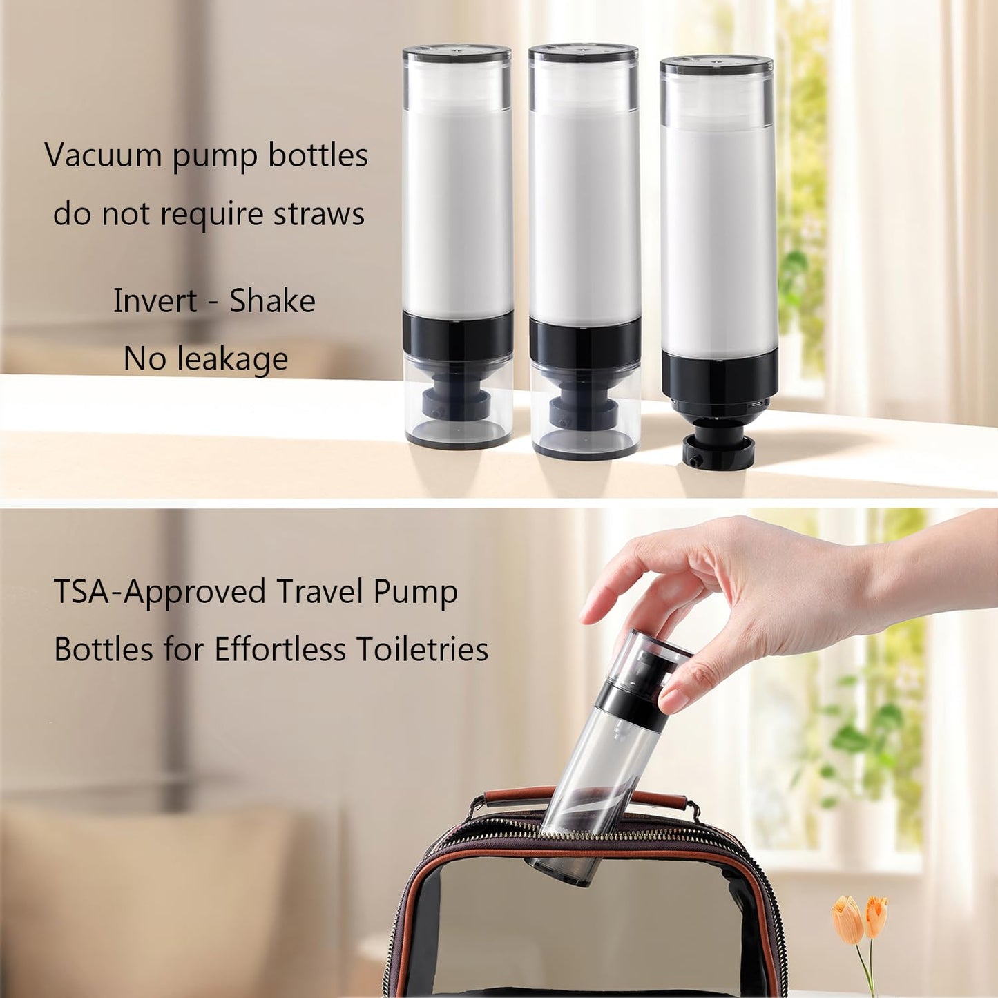 XQNCBY 4 Pack 1.7oz / 50ml Airless Pump Bottles for Travel: Wide Caliber Vacuum Lotion Dispenser with Clear Organizer Case, Leakproof Refillable Cosmetic Containers for Skincare, Serum, Foundation