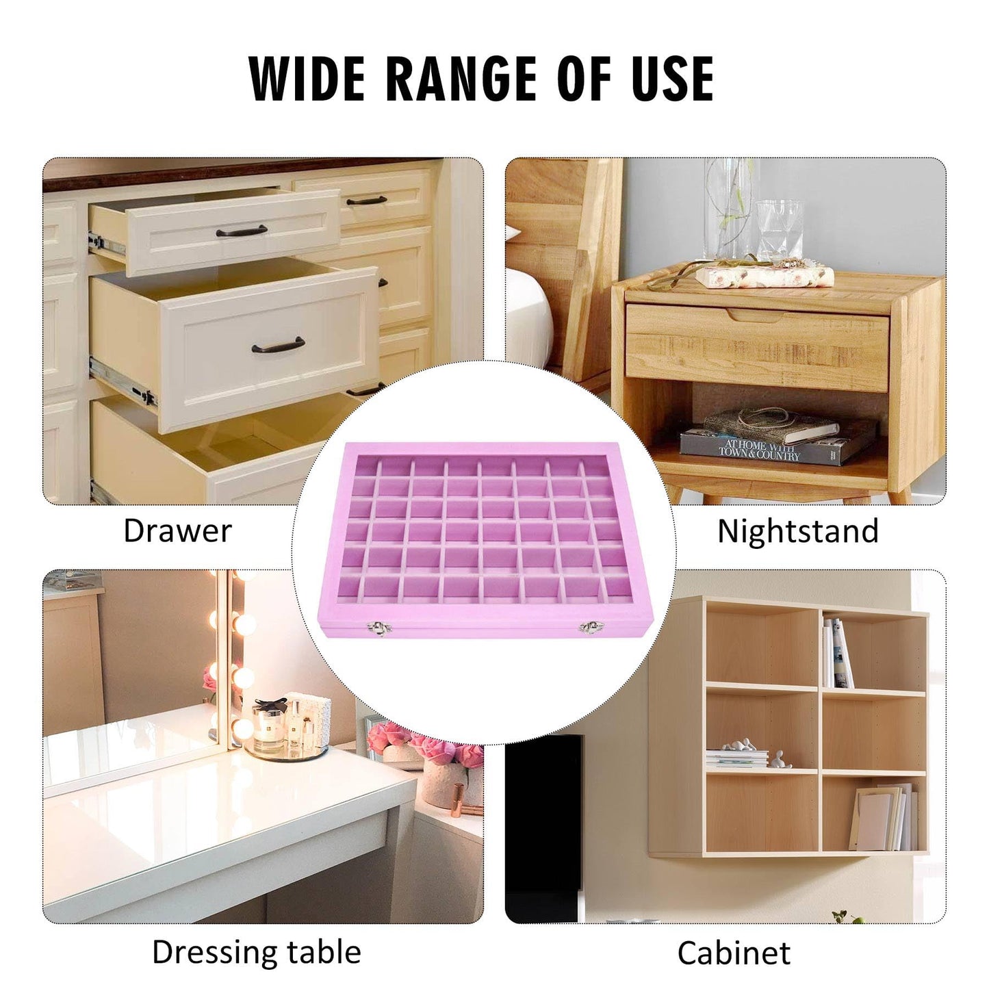 Siveit Velvet Jewelry Tray 48 Grid Jewelry Display Tray Organizer Box with Transparent Lid Rings Earrings Necklaces Pendants Display Box Suitable for Women and Girls (Pink)