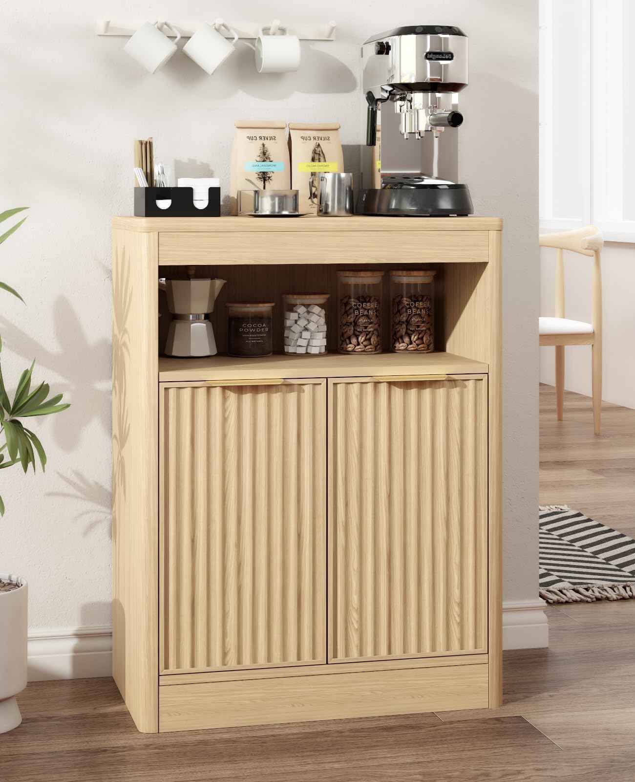 AURINEST Fluted Buffet Cabinet with Storage, Small Coffee Bar Cabinet with Doors & Adjustable Shelves, Wood Storage Cabinet for Kitchen, Living Room, Entryway, Oak
