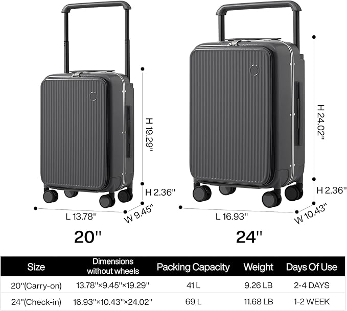 mixi Luggage Suitcases with Spinner Wheels 24'' Travel Luggage with Front Laptop Pocket, Wide Handle PC Hardshell Suitcase with TSA Lock & Cover, Checked Luggage(Rock Grey)