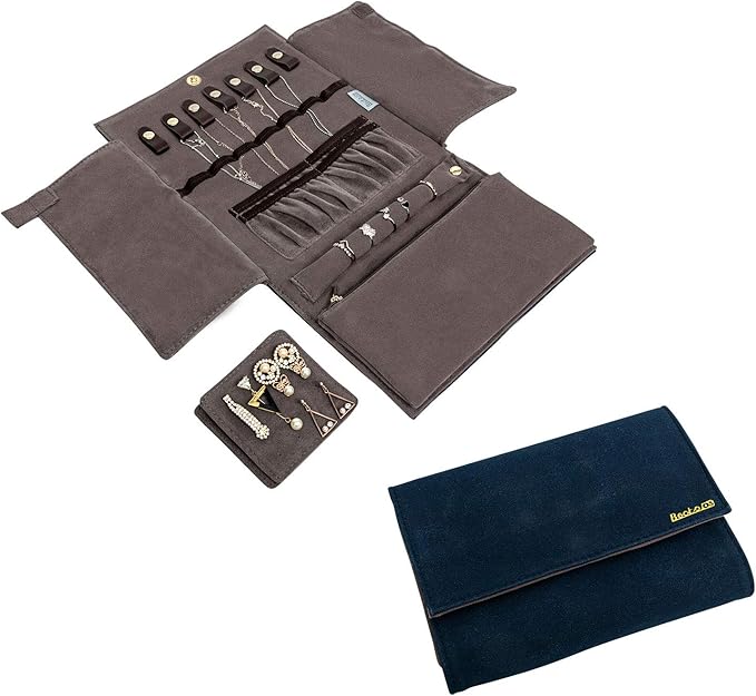 Becko US Jewelry Organizer Roll Travel Jewel Bag case for Multiple Necklaces, Rings, Bracelets, Supple Leather & Suede, Large Capacity Without Crease, Lightweight, Portable & Practical (Dark Blue)