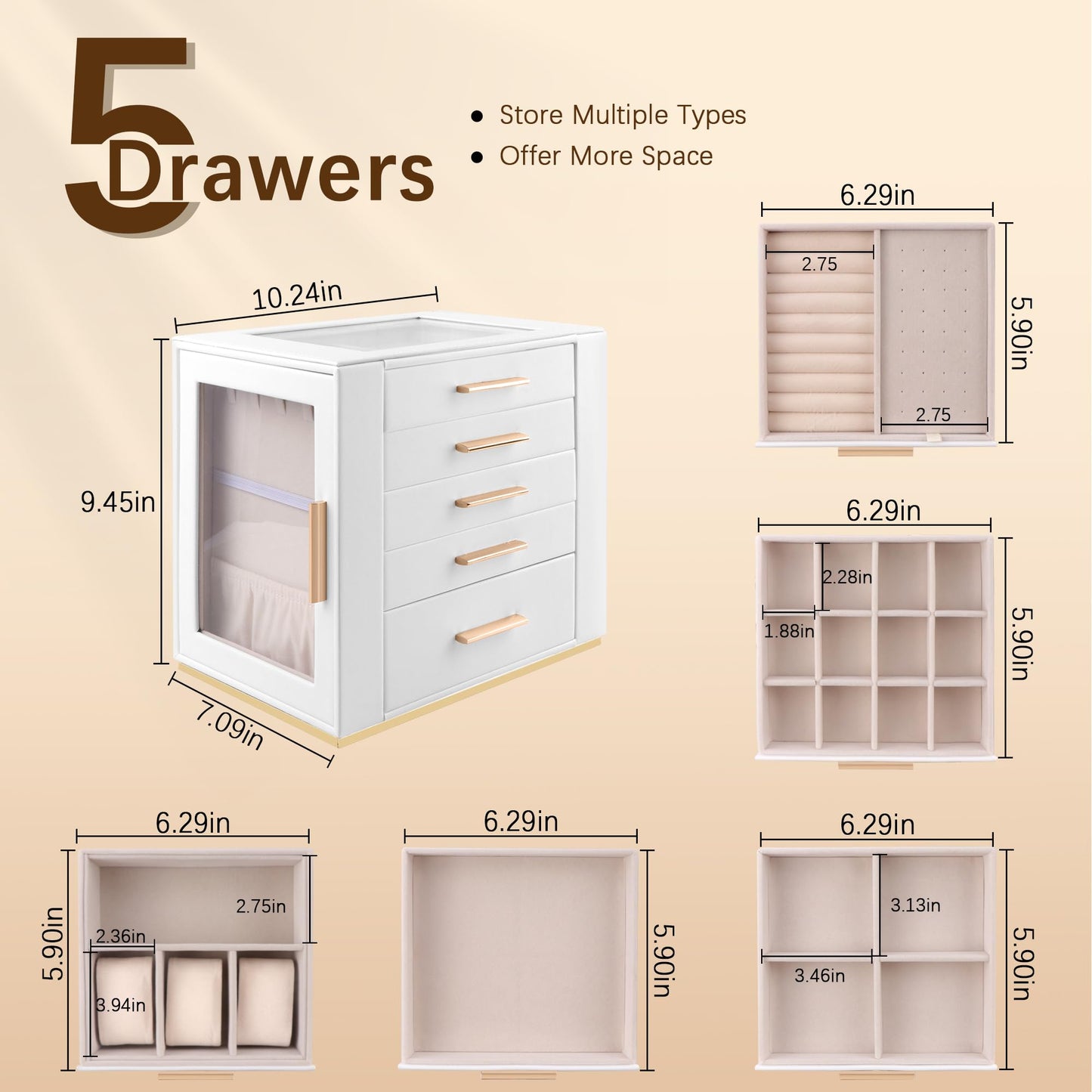 Homeanda Jewelry Box for Women with Glass Lid, 5 Drawers Jewelry Organizer and Storage for Necklaces, Rings, Earrings, Bracelets, Gift for Girls and Teens,PU Leather (White)