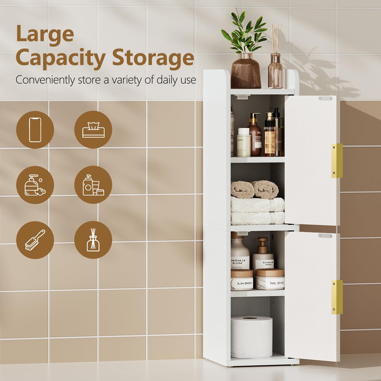 Yoobure Small Bathroom Storage Cabinet - Corner Floor Cabinet with 2 Doors & Adjustable Shelves, Narrow Slim Toilet Paper Cabinets, Skinny Bathroom Organizer for Small Space, 7.9" D x 7.9" W, White