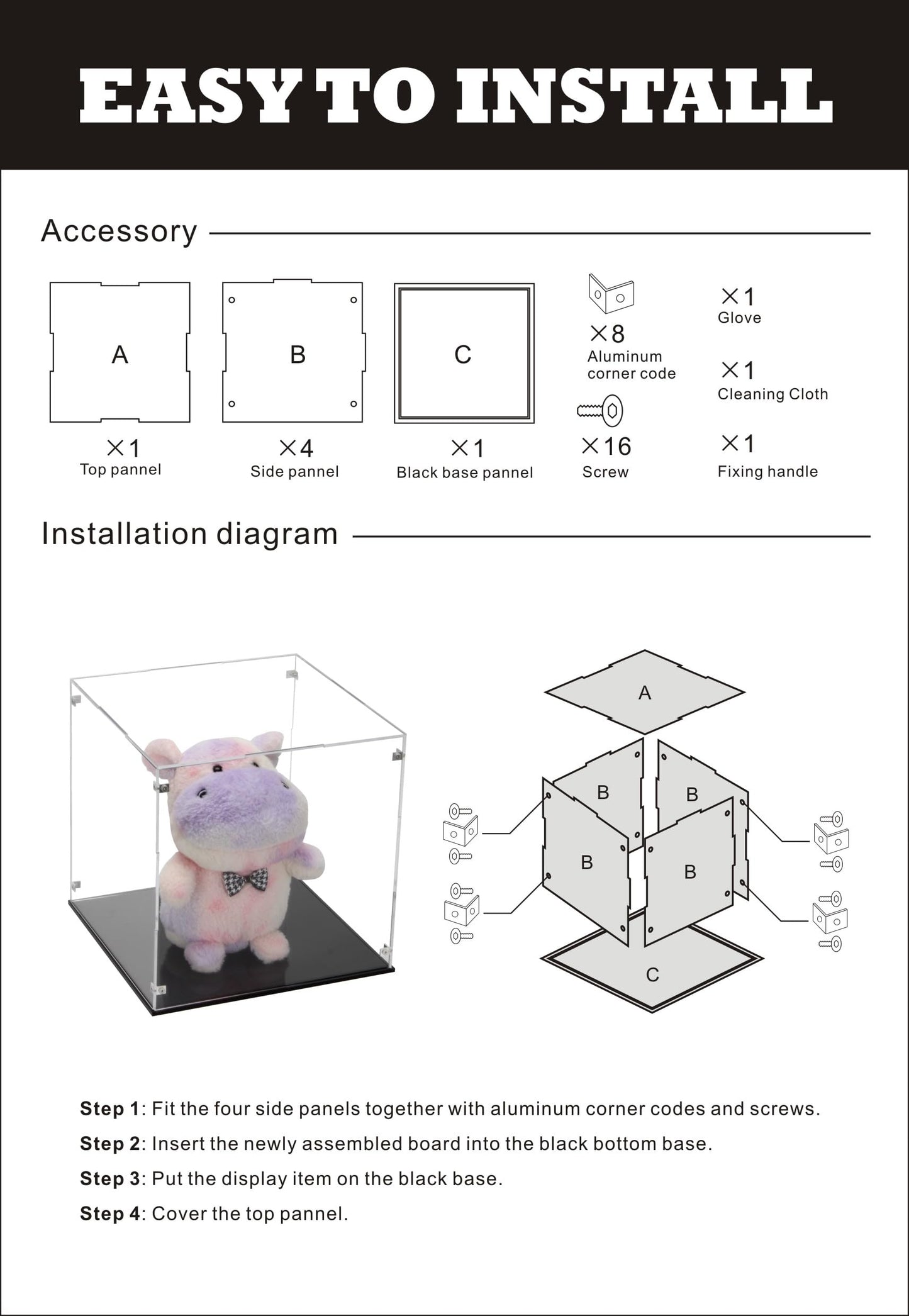 Kcgani Clear Self-Assembly Acrylic Boxes for Display, Transparent Display Case with Black Base and Lid, Cube Countertop Storage Boxes Glass Case for Collectibles Models Doll Boy Figurine, 9x9x9Inch