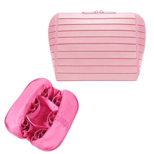 Travel Makeup Organizer Bag with Fold-Down Design and Adjustable Dividers, 27 Pockets & 3 Brush Storage Holders, Large Capacity Cosmetic Bags Toiletry Case - Pink