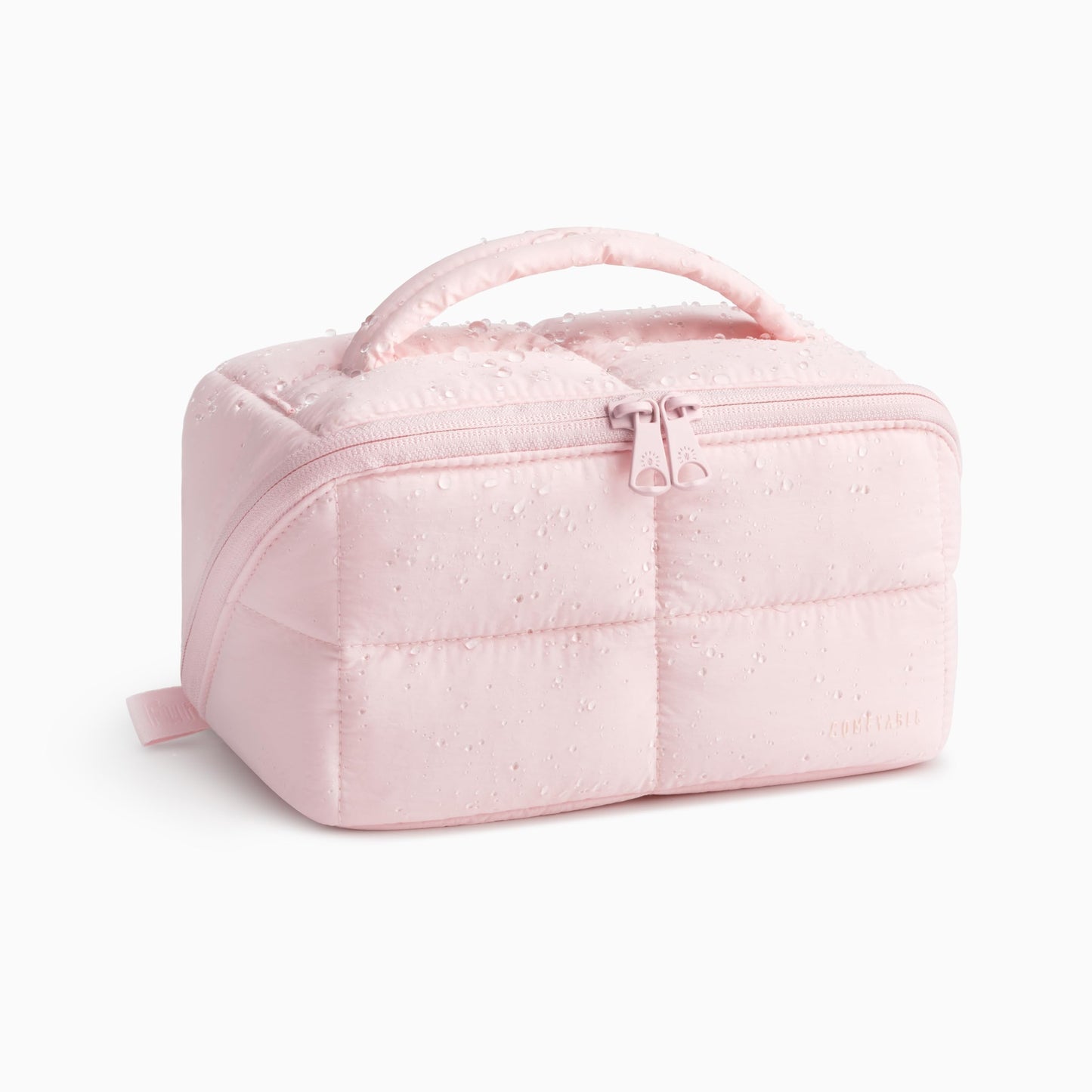 Comfyable Puffy Makeup Bag for Women, Compact Cosmetic Organiser for Girl, Cute Lightweight Travel Pouch, Open Flat Water-Repellent Make Up Bag, Light Pink