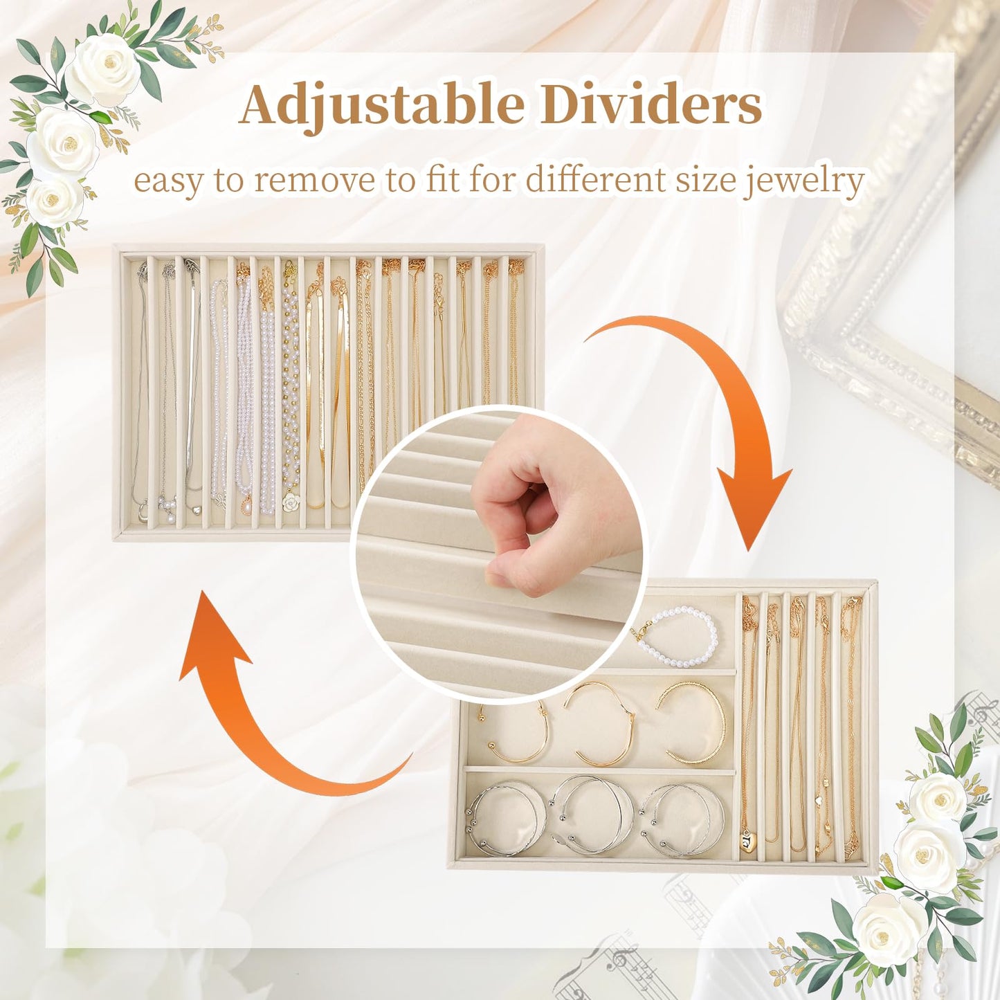Ewen 2 Pack 16-Grid Stackable Jewelry Organizers and Storage Trays, Large Jewelry Organizer Drawers Inserts, 13.78x9.45x1.18in Beige Velvet Necklace Holder Display Case for Earrings Rings Organization