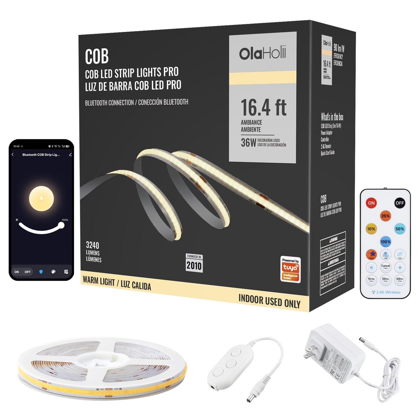 Olaholii 16.4ft Bluetooth White COB Led Strip Light with App, 3000K Ra93+ Dimmable Bright Warm White Led COB Strip Light, White Led Strip Light for Mirror, Stair, Cabinet, Room