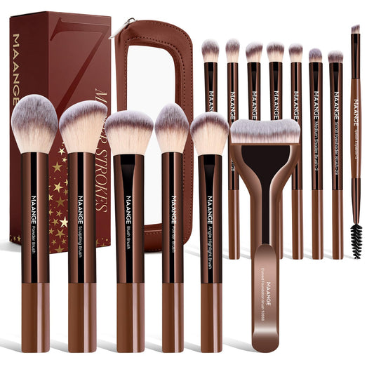 MAANGE 14 PCS Makeup Brushes Professional Make Up Brushes Premium Synthetic Powder Concealers Brushes Travel Makeup Brush Set with Case (Coffee)