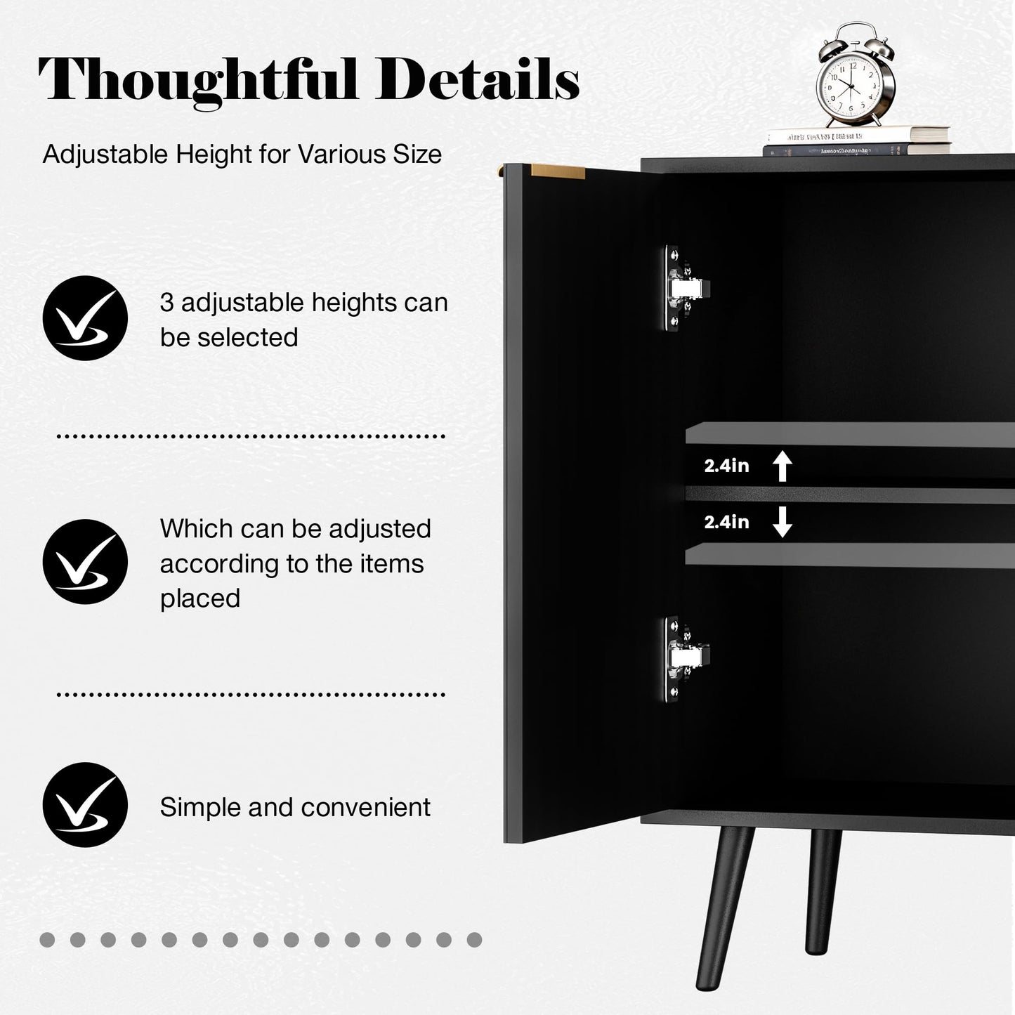 REHOOPEX Fluted Storage Cabinet, Buffet Cabinet with Storage, Wood Sideboard with Adjustable Shelf, Modern Accent Cabinet & Console Table for Entryway, Living Room, Dining Room, Black