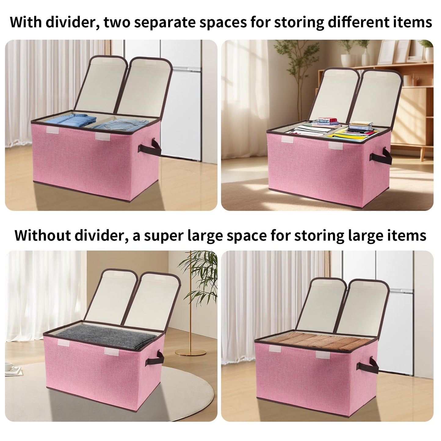 Tcbelosion Foldable Fabric Storage Box with Double-Lid & Dividers, Large Organizer for Home, Closet, Office (Pink, 2 Packs)