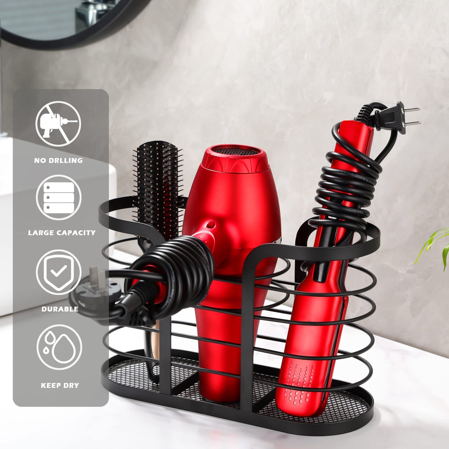 YIGII Hair Dryer Holder - Wall Mount/Adhesive Blow Dryer Holder Bathroom Organizer Hot Tools Organizer for Hair Dryer, Electric Shaver Black