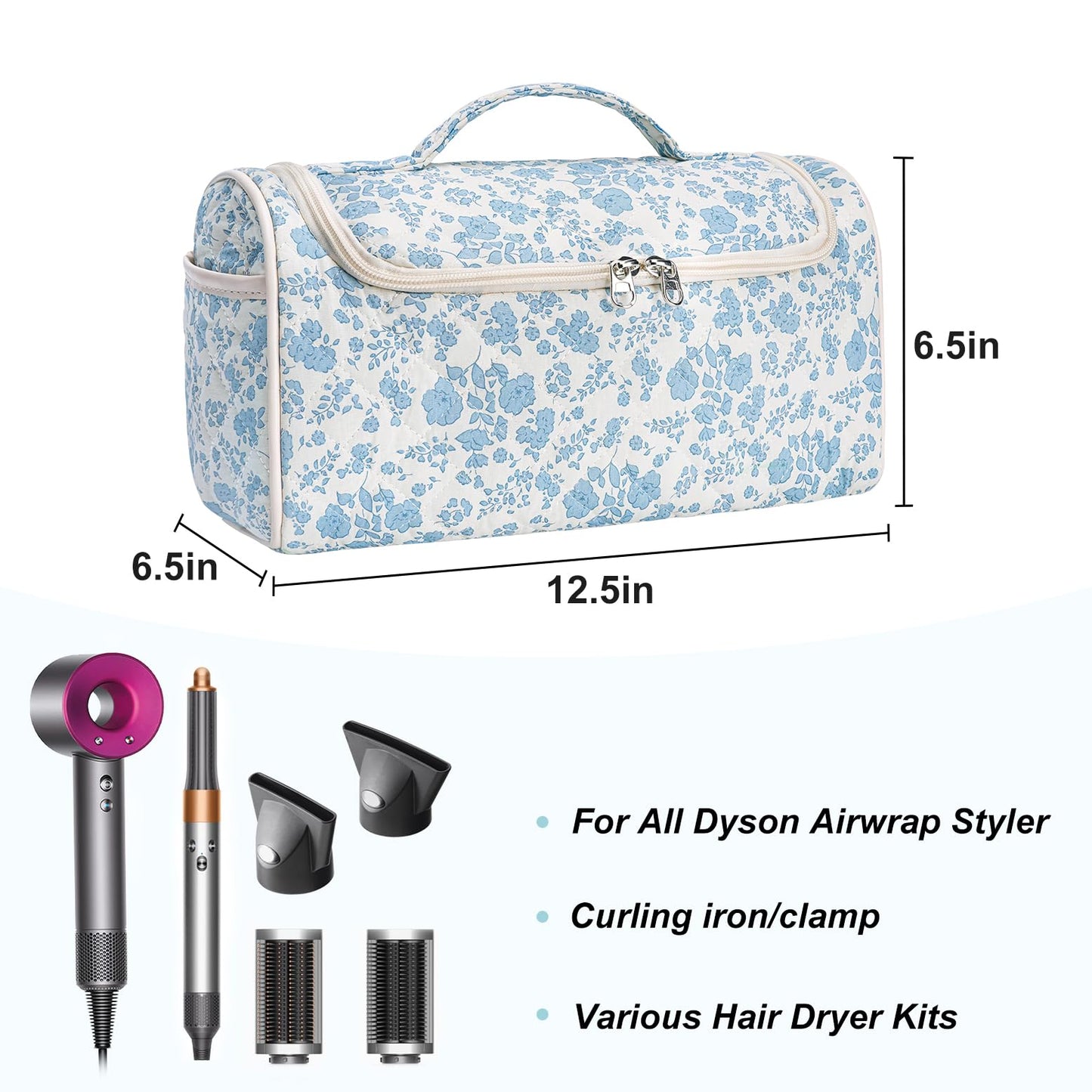 idoltimes Quilted Hair Tools Travel Bag, Cute Portable Organizer Case with Hanging Hook, Compatible with Dyson Airwrap Styler,Hair Curler Accessories