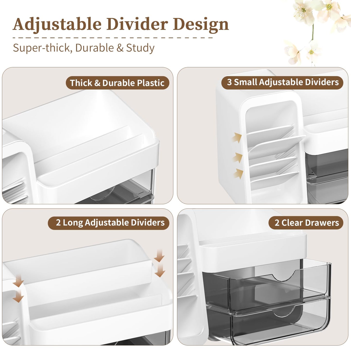 Makeup Organizer for Vanity with 5 Adjustable Dividers & 2 Clear Drawers, Large Make Up Brush & Perfume Holder, Cosmetic Display Cases Skincare Storage for Bathroom Countertop, Office Desktop, Pantry