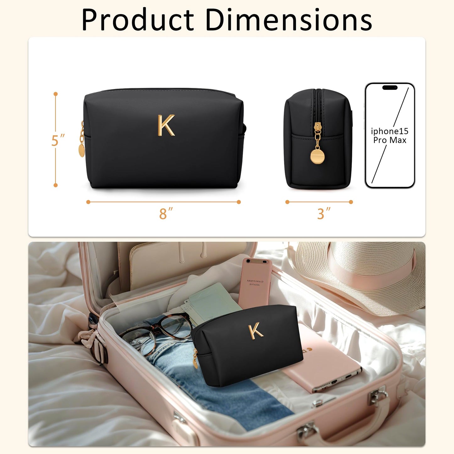 CLOUDWINGS Gifts for Women Bridesmaid Gifts Personalized Initial Makeup Bag PU Leather Cosmetic Waterproof Travel Toiletry Bag (Black K)