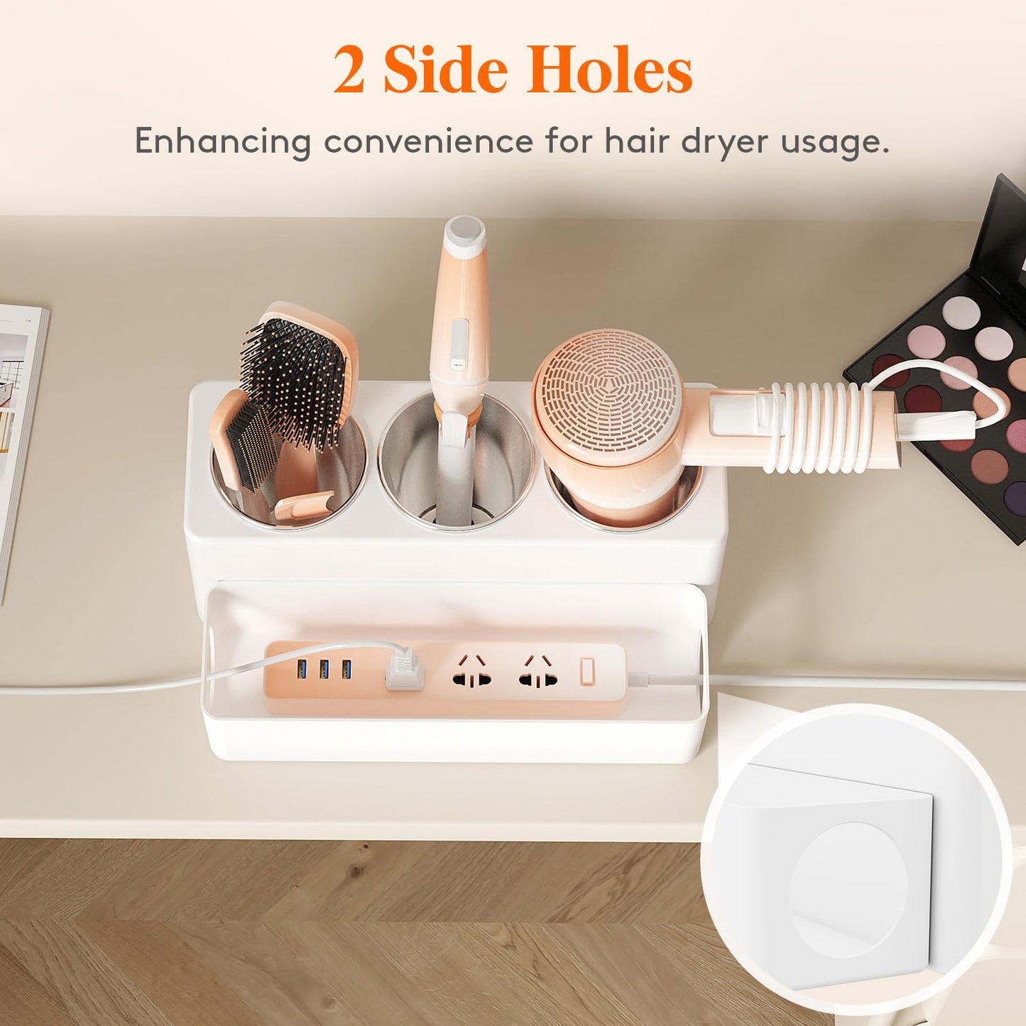 Lifewit Hair Tool Organizer Countertop, Removable Blow Dryer Holder for Bathroom, Acrylic Hot Tools Organizer Storage for Curling Iron, Brush, Straightener, 3 Stainless Cups, White, 30 cm/12 inch(L)