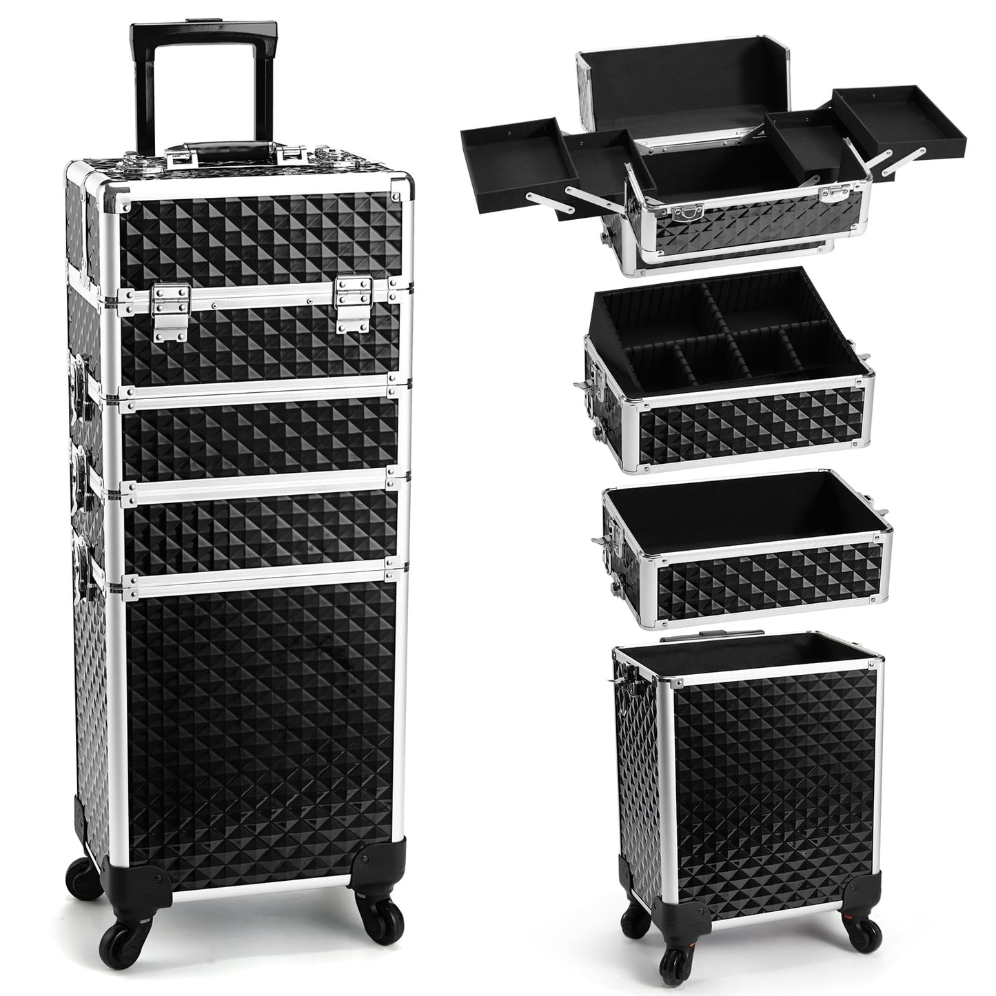 Yueieoun Rolling Makeup Train Case, 4-in-1 Cosmetology Case on Wheels, Nail Tech Cart for Travel, Professional Cosmetic Vanity Case, Suitcase for MUA/Manicure/Tattoo/Style, Lockable Storage Box, Black
