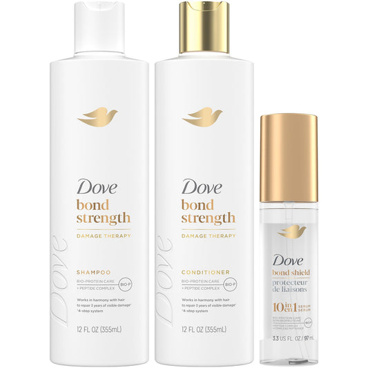 Dove Bond Strength Shampoo & Conditioner Set + Hair Serum Bundle – Repair Treatment for Damaged and Frizzy Hair (3 Piece Set)