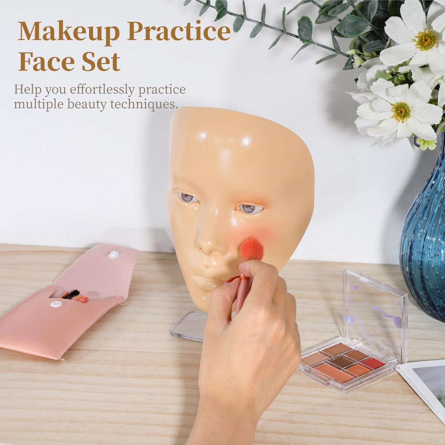 Makeup Practice Face Set, Including Silicone Mannequin Face with Stand, 7-Color Eye Shadow Palette, and 8 Makeup Brushes