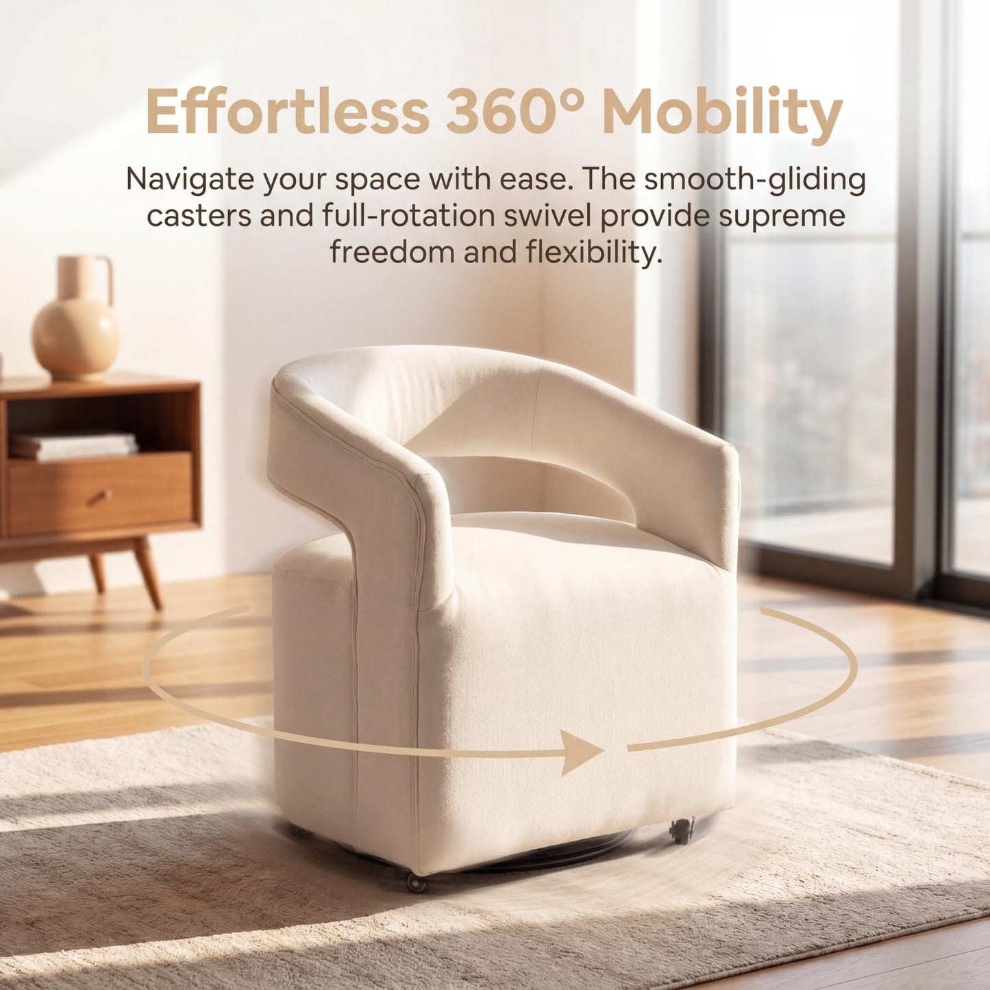 HNY 360° Swivel Upholstered Dining Chairs with Wheels Set of 6 – Soft Linen Fabric, Barrel Back Design, Rolling Kitchen Seating for Living Room, Makeup Vanity, Reception, Beige