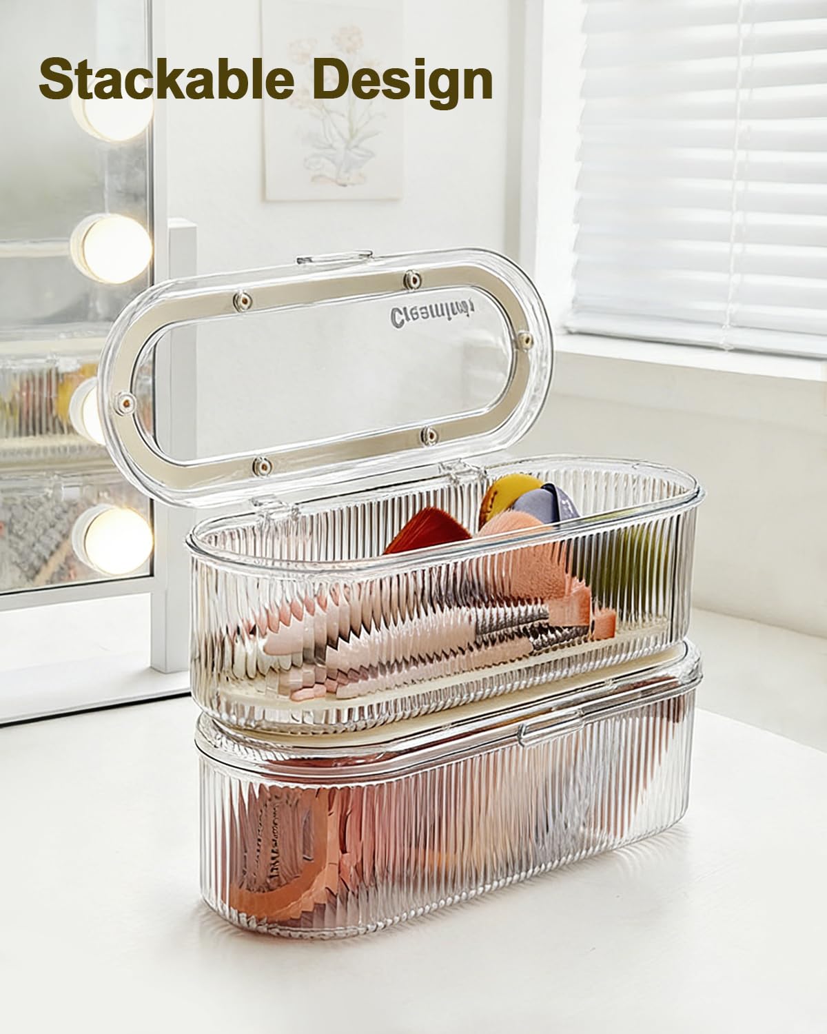 Sylmifoi Makeup Brush Holder Organizer, Cosmetic Storage Case with Lid, Clear Acrylic Waterproof Dustproof Organizer for Makeup Sponges, Vanity, Bathroom & Desktop (1 Pack)