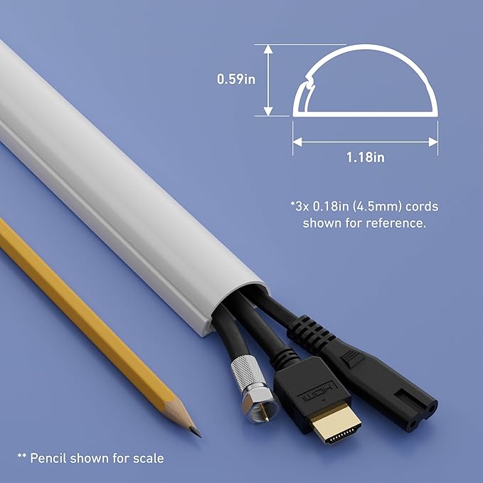 D-Line Half Round Cord Hider, Patented Cable Cover, Hide TV Wall Mount Wires, Raceway for Cords, Decorative Wire Covers, Paintable, Adhesive Cable Concealer - 8X 1.18in W x 0.59in H x 39in L - White