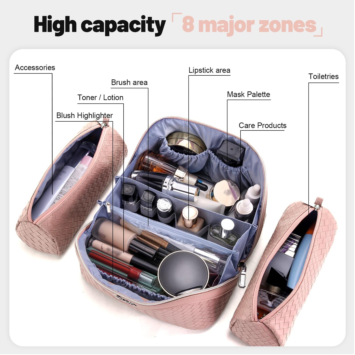 BOYATU Travel Makeup Bag Cosmetic Bags for Women: Large Capacity 3 Pcs Set Make up Bag with Compartments - Waterproof Vegan Leather Toiletry Organizer Bags with Handle (L04 Light Pink)