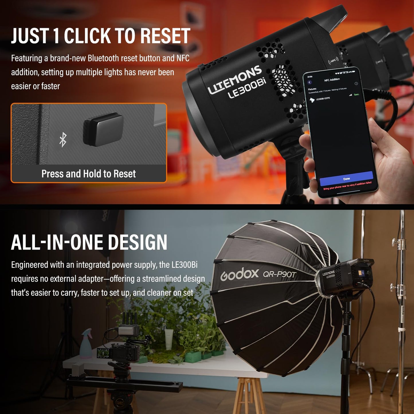 GODOX 3Pack LE300Bi Light Kit, Godox Litemons LE300Bi Video Light with Softbox Light Stand, Bowens Mount, DMX/Bluetooth APP Control, NFC Connection, 2800K~6500K, 58900Lux@1m, CRI/TLCI98, 11 Fx Effects