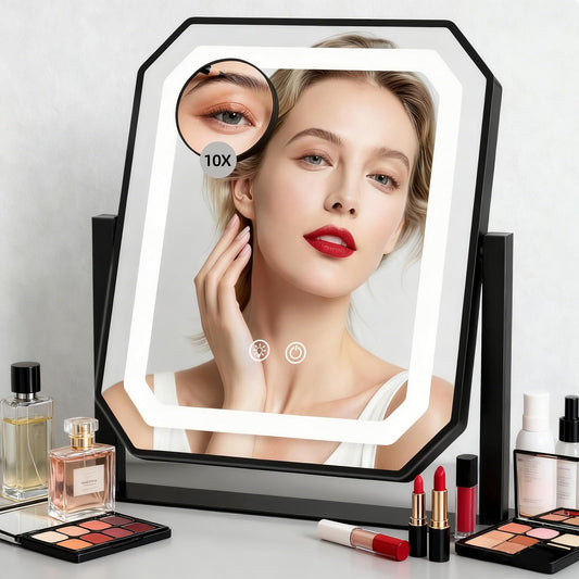 Lighted Makeup Mirror, 3 Colors for Precise Application, Touch Control Brightness Adjustment for Easy Use, with a Detachable 10x Magnifying Mirror, 13.4“ x 12” Hollywood Vanity Mirror for Plug-in Use
