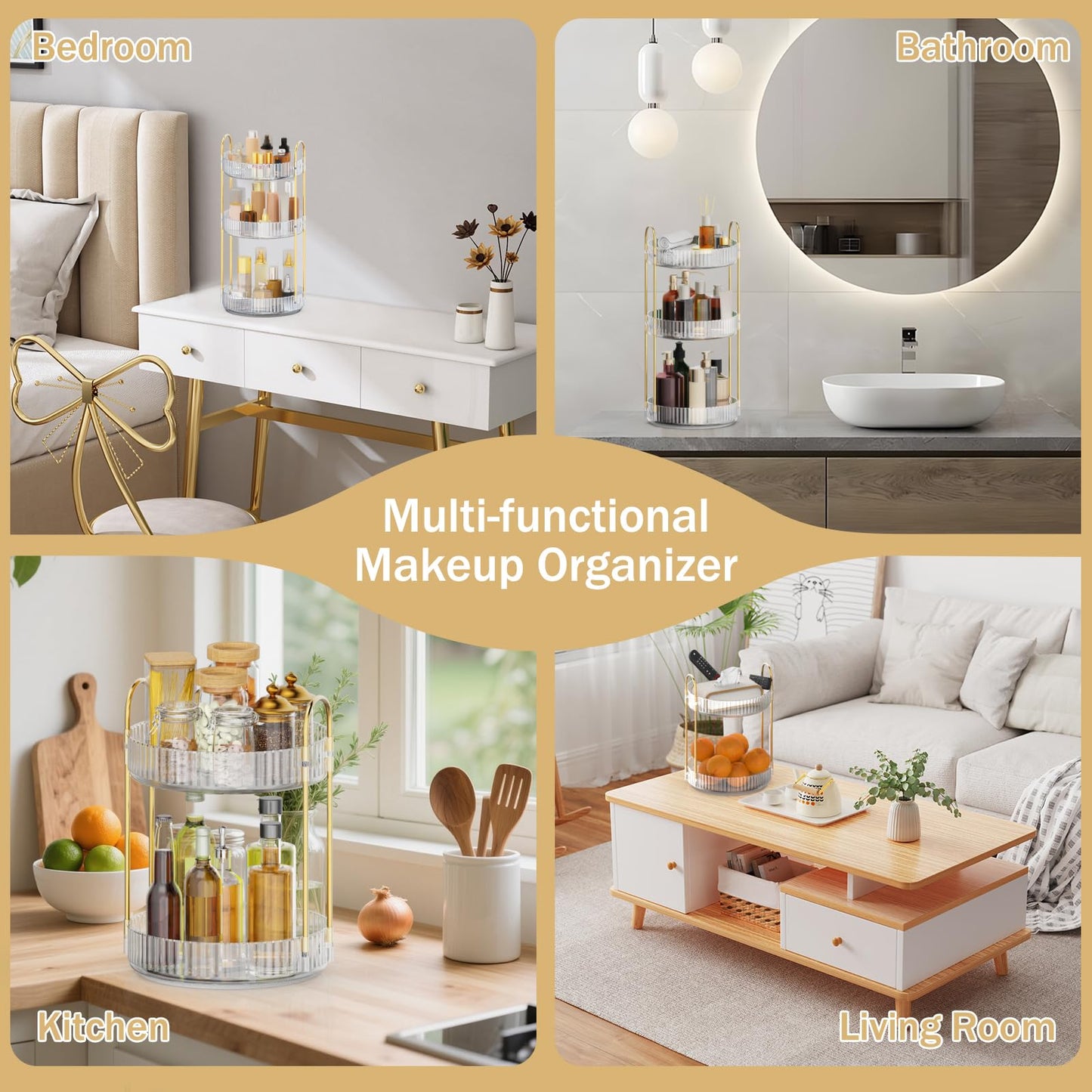 MOKANI 360 Rotating Makeup Organizer for Vanity, 3 Tier Adjustable Perfume Organizer for Dresser, Multi-Function Spinning Cosmetics Skincare Storage for Bedroom, Dresser, Countertop, Clear