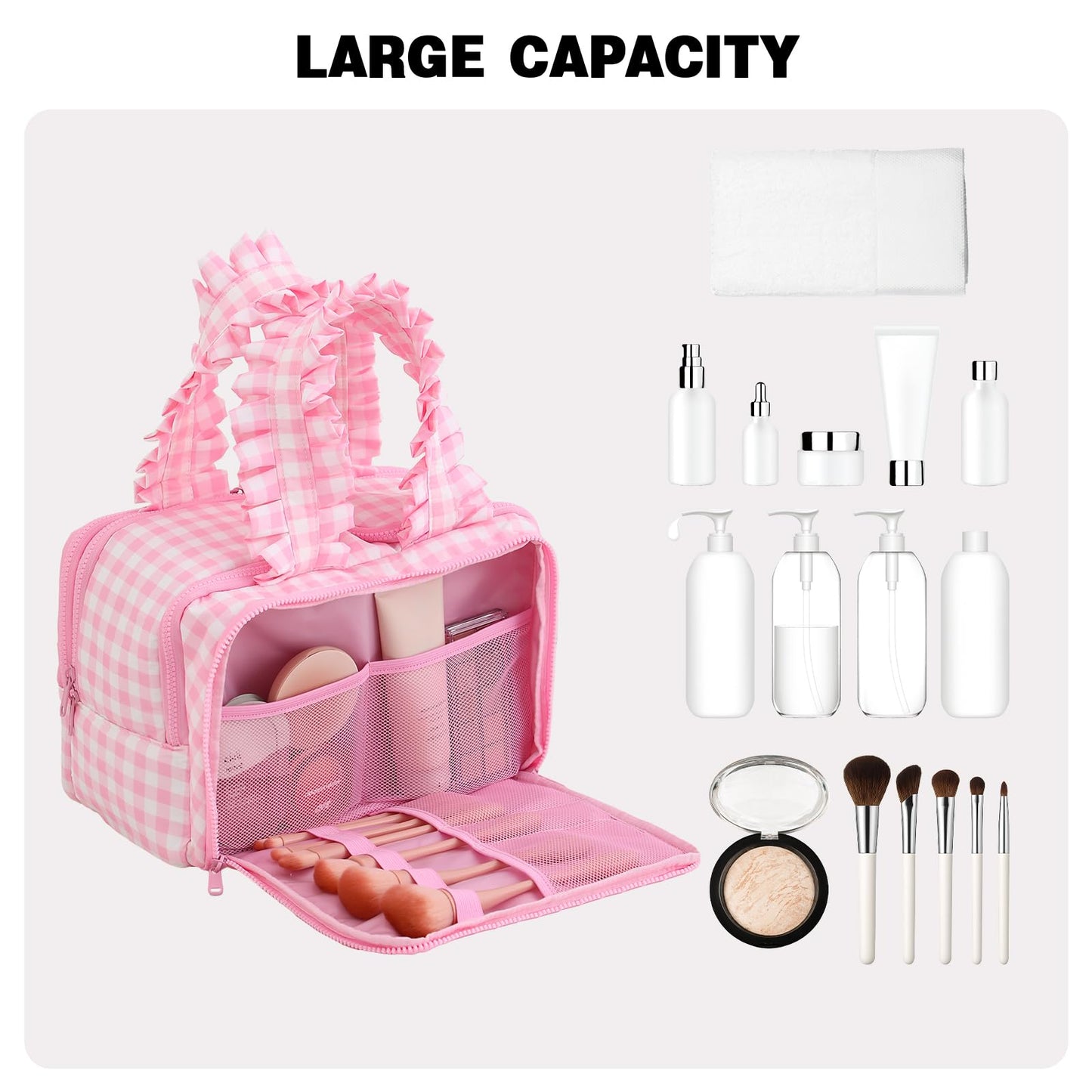 THOVSMOON Travel Toiletry Bag for Women,Water-resistant Large Gingham Makeup Cosmetic Organizer with Ruffles Handle for Traveling, Toiletries, Cosmetic, Essentials Accessories(Pink Gingham)