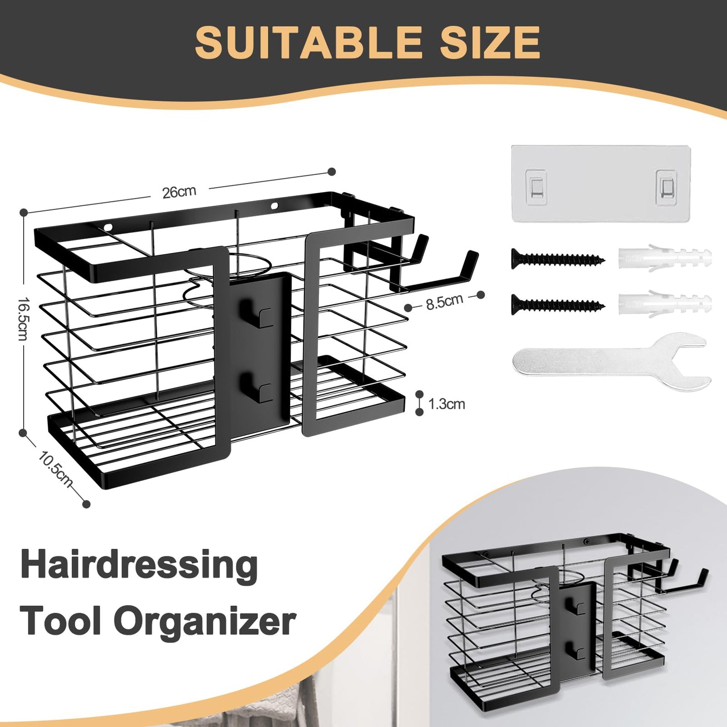 FUNKYLEE Hair Tool Organizer Hair Dryer Holder, 3 in 1 Metal Bathroom Blow Dryer Organizer Wall Mount for Flat Iron, Curling Iron, Straightener, Styling Tools Storage and Organizer (Black)-2pcs