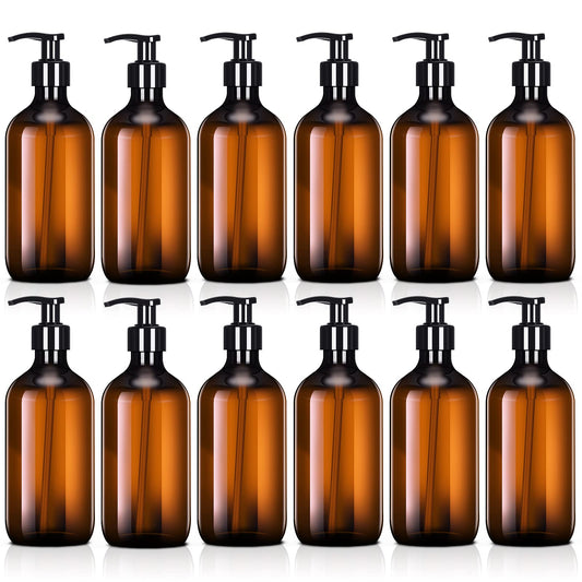 Tessco for you 12 Pack Amber Soap Dispenser Empty Plastic Pump Bottles Dispenser Refillable Shampoo Container for Hand Sanitizer Soap Lotion Body Wash Conditioner Bathroom Kitchen Travel(12 oz)