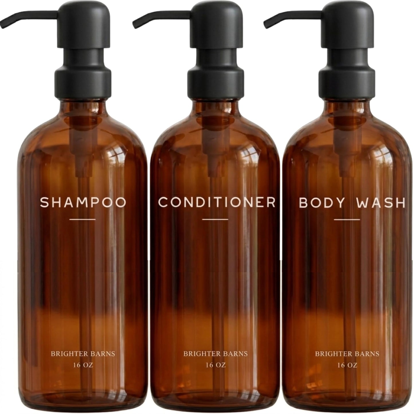 Amber Shampoo and Conditioner Dispenser Set by Brighter Barns - Body Wash and Shampoo Bottles with Pump - Refillable Plastic Shower Dispenser for Modern Bathroom Decor in Vacation Rental, Spa (Amber)