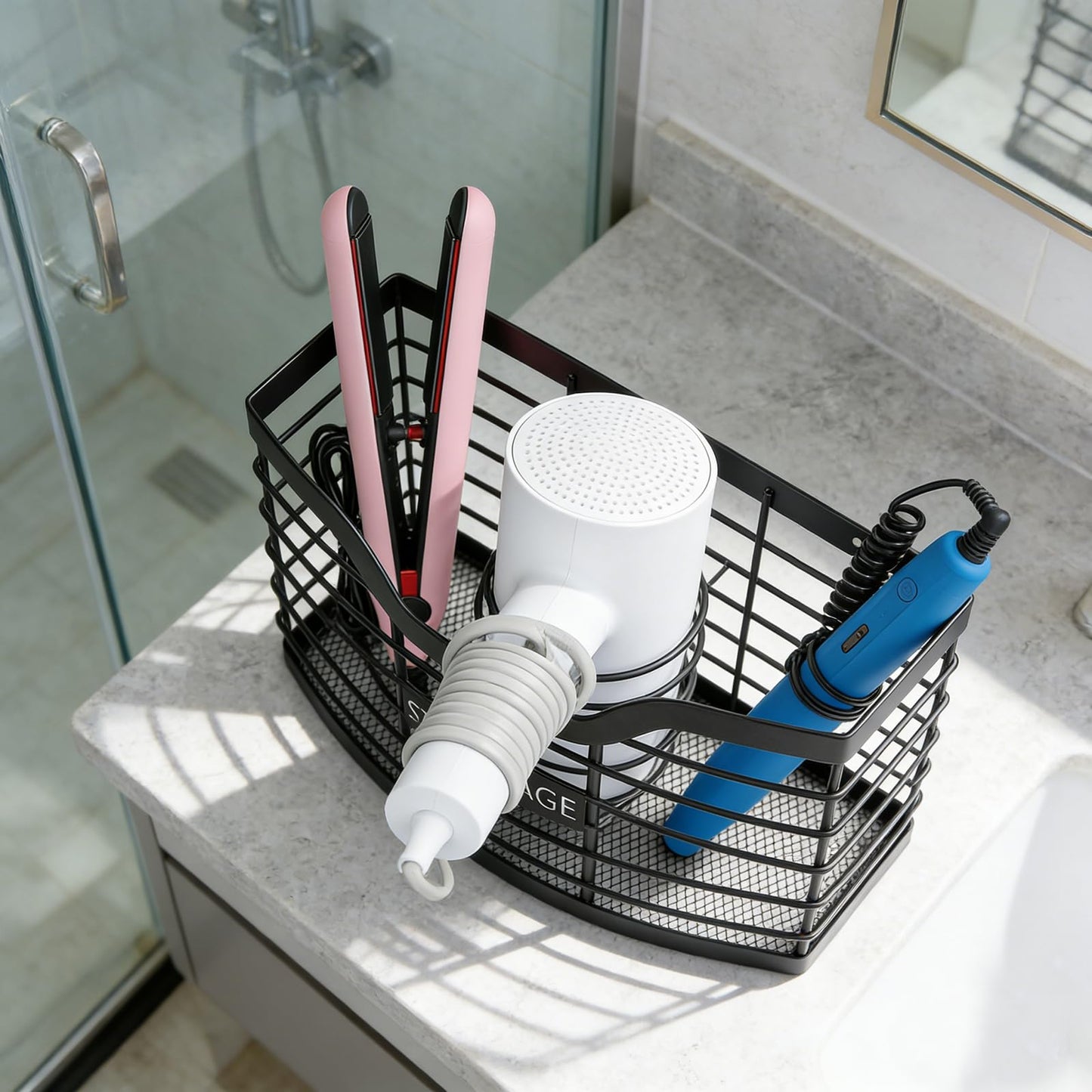 KIMERSE Hair Tool Organizer, Stainless Steel Hair Dryer Holder for Dresser, Bathroom Countertop & Cabinet Door, Wall Mount Storage Basket for Holding Hairdressing Curler, Blow Dryers, Shaver, Comb