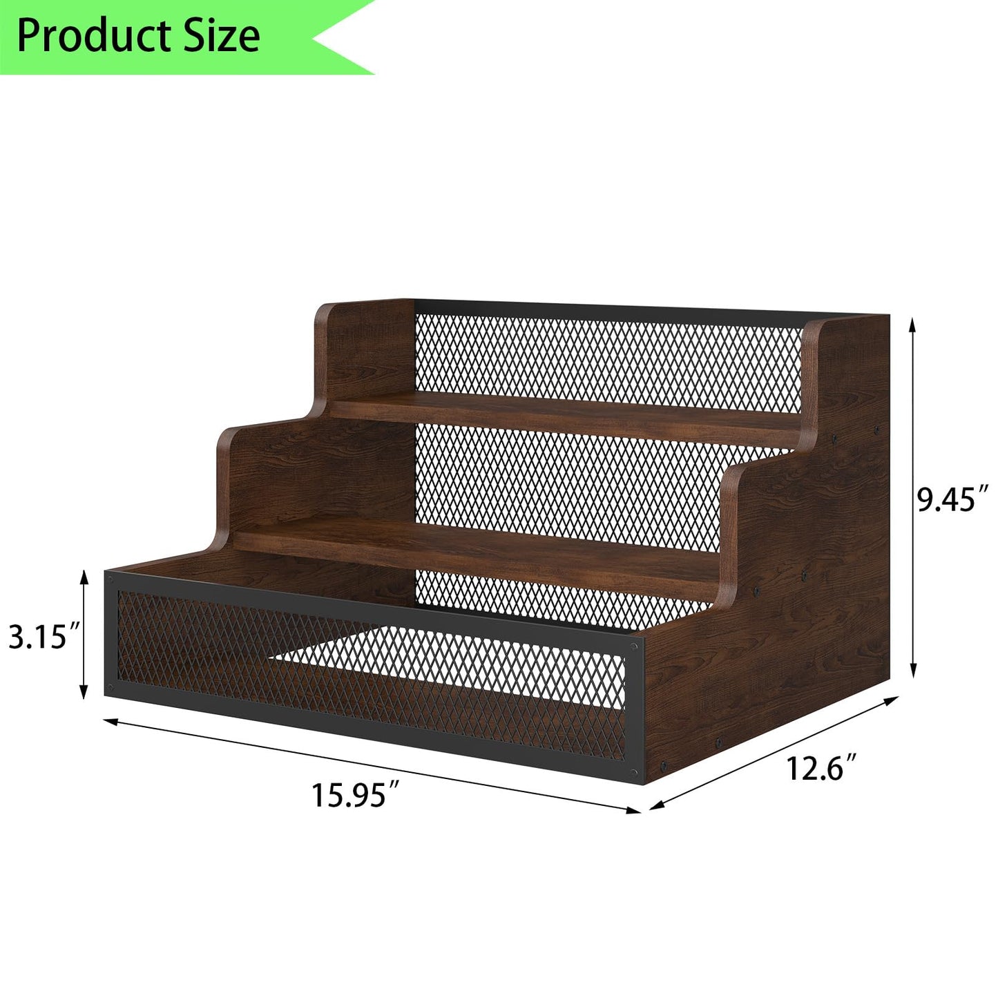 KOKSTOP 3-Tier Liquor Bottle Display Shelf, Rustic Wooden Bottle Holder Stand for Liquor Whiskey Wine Coffee Bottle Display with Fences, Storage Countertop Shelf for Café, Bar, Office Station