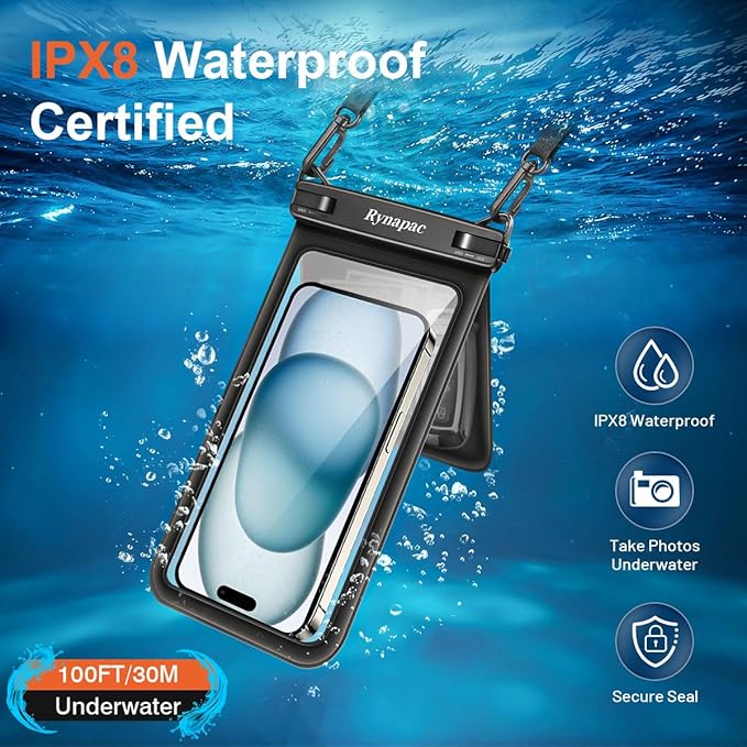 Waterproof Phone Pouch, [Up to 8.5''] Double Space Waterproof Phone Case with Lanyard for iPhone 17 16 15 Pro Max Galaxy S25 Ultra, Cellphone Dry Bag for Beach Vacation, 2 Pack (Black & Light Pink)
