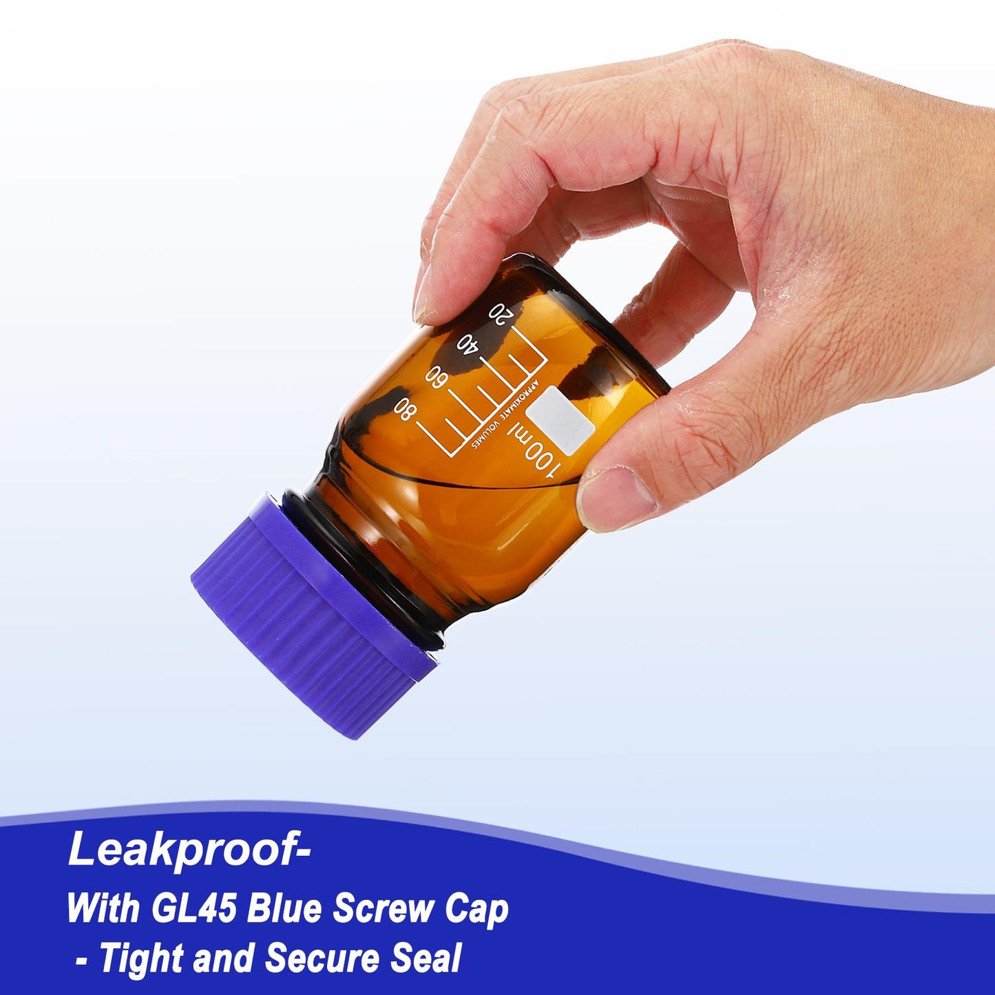 PATIKIL 8 Pack Reagent Media Storage Bottles, 100ml Borosilicate Glass Graduated Round Bottles with GL45 Blue Screw Cap for Lab Water Reagent Liquids, Brown
