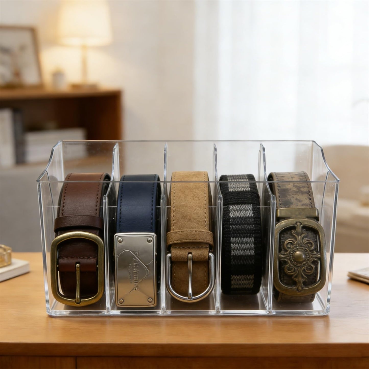 Sazunrel Acrylic Belt Organizer, Belt Holder Organizer 5 Compartments Clear Storage Holder for Closet & Drawer, Adjustable Display Case for Ties, Belts and Accessories