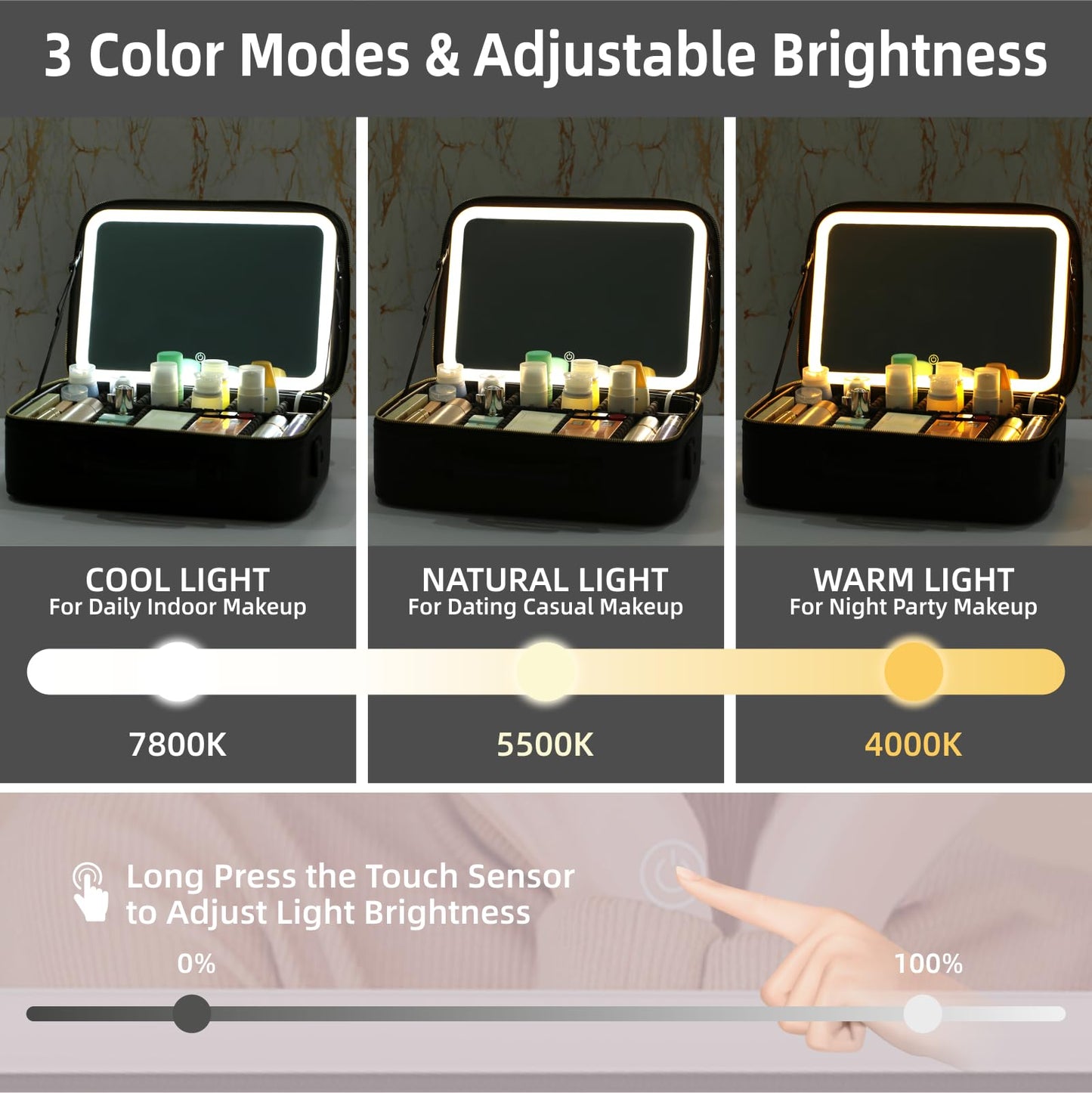 saiggnyy 15“×11“Professional Makeup Train Case,Large Waterproof Travel Makeup bag with Mirror and Light, Leather Black Make up Bag with Mirror and Light,Led Makeup Case with Adjustable Dividers