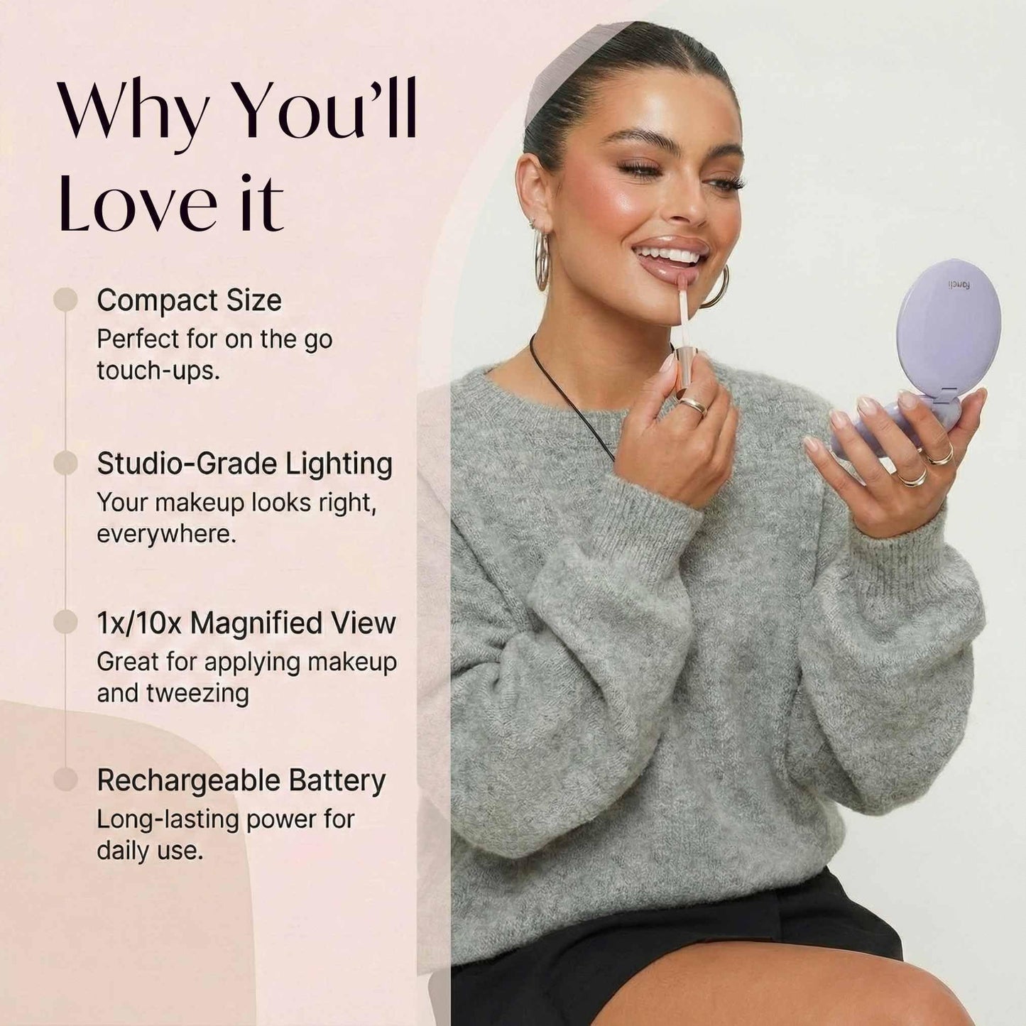 Fancii Mini Taylor Compact Magnifying Mirror with LED Light, 10x/1x, Rechargeable, 3 Light Settings, Dimmable - Small Lighted Travel Handheld Mirror for Pocket, Handbag, Purse, 2-Sided (Lilac Bliss)