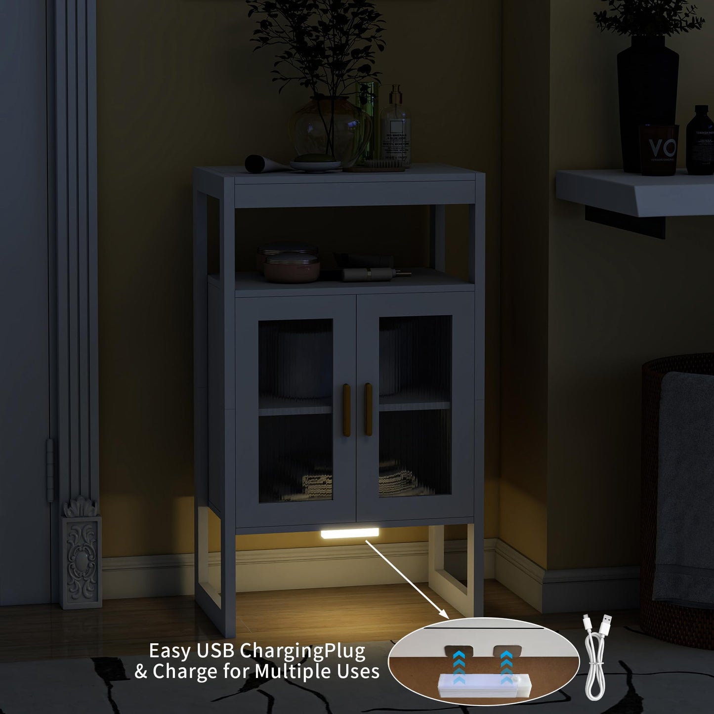 Bathroom Storage Cabinet with Motion Sensor Light and 2 Doors, White