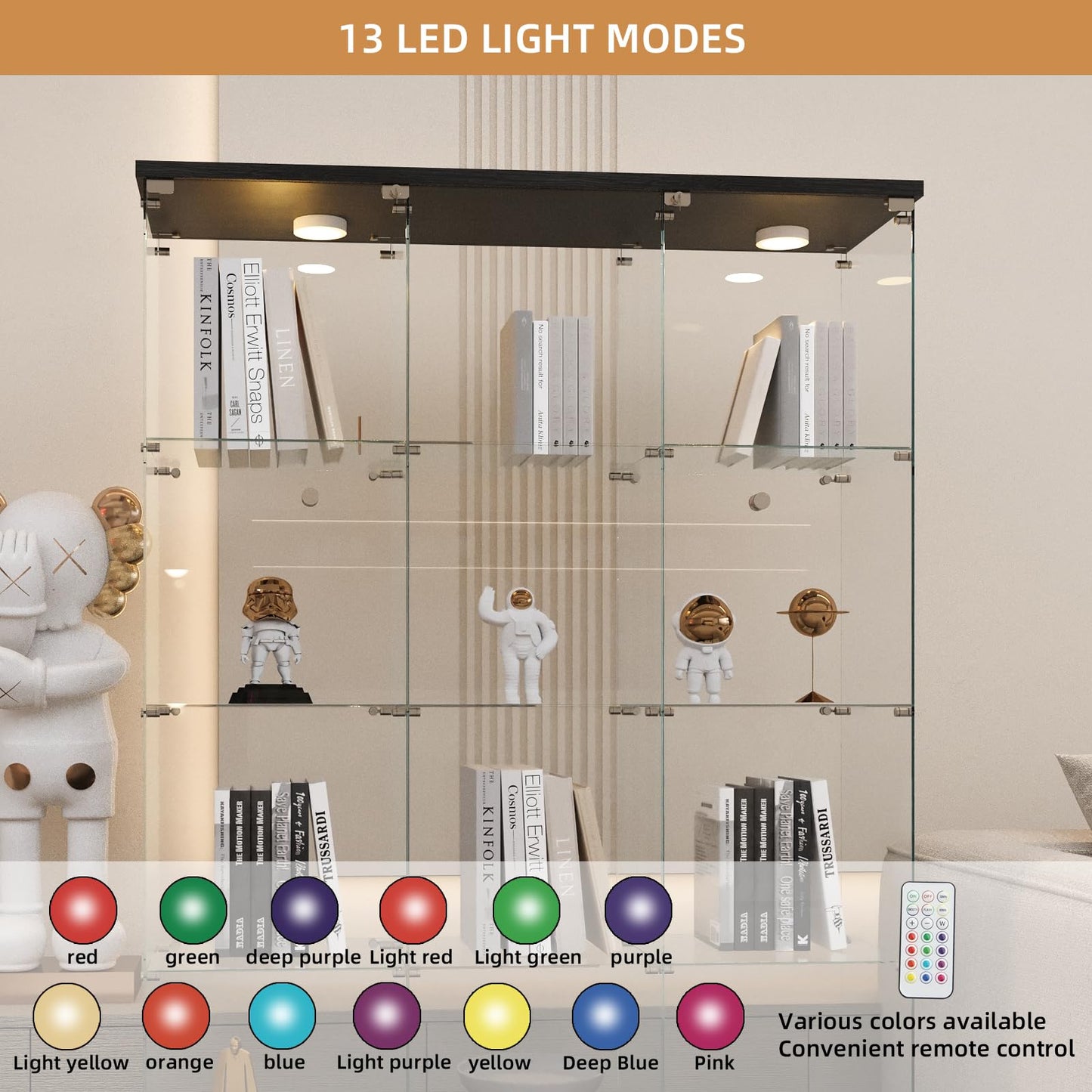 Beauty4U Glass Display Cabinet with LED Lights, Extra Large 3 Columns 2 Doors Curio Cabinets with 12 Shelves for Living Room, Bedroom, Office, Black Floor Standing DIY Glass Bookshelf