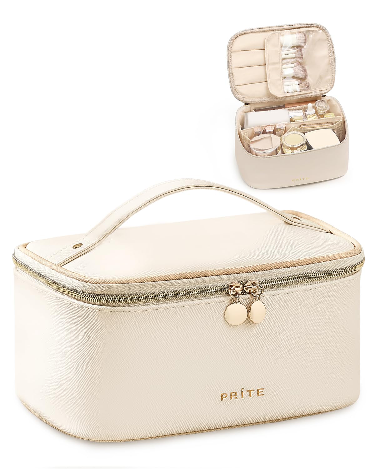 Prite Makeup Bag, Large Capacity Cosmetic Bag for Women and Girls, Waterproof PU Leather Travel Makeup Case, Toiletry Organizer with Handle and Divider for Skincare and Brushes - Beige