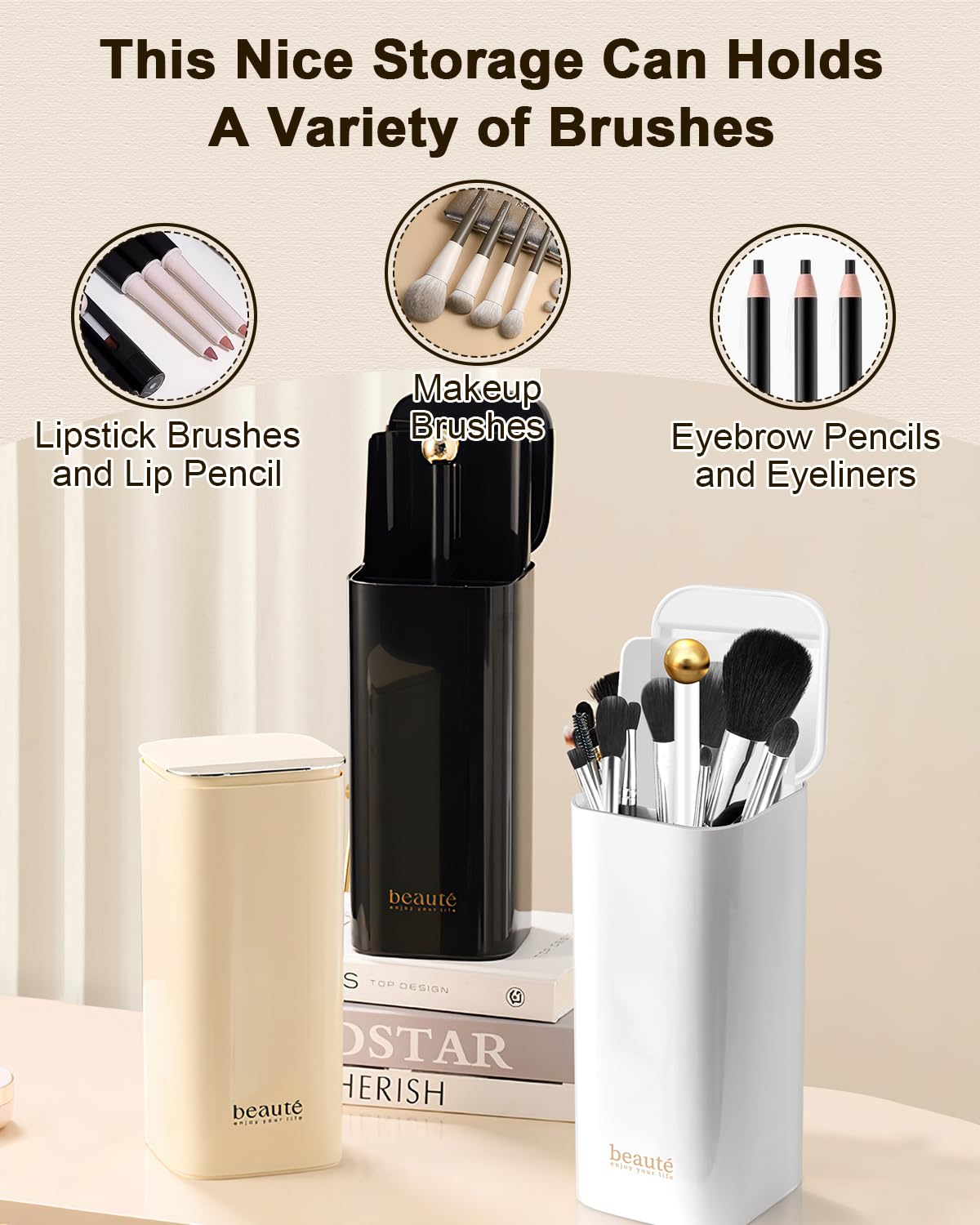 Upgrade Makeup Brush Holder Organizer with Lid, Automatic Lifting Dustproof Makeup Brushes Organizer with 4 Compartments for Vanity，Cosmetic Storage for Dresser Countertop and Bathroom (White Gold)