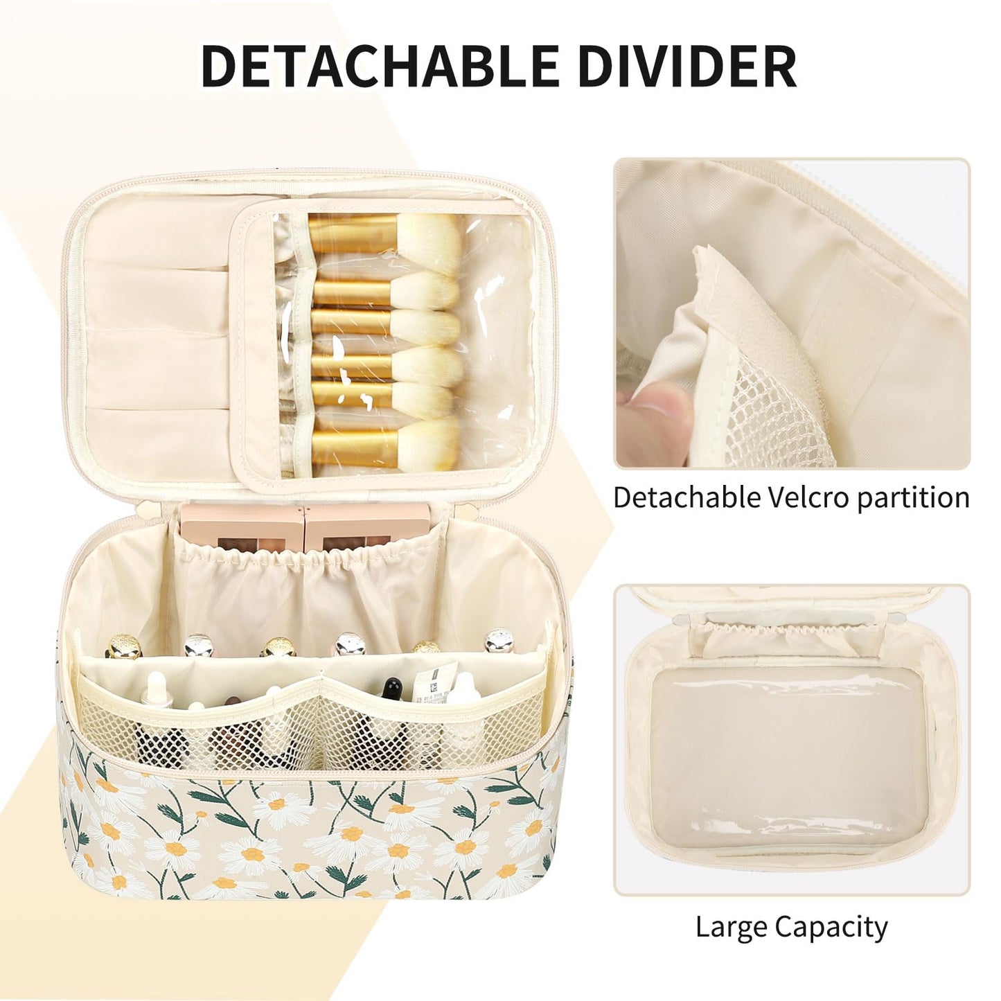OCHEAL Makeup Bag,Travel Makeup Organizer Bag, Cute Cosmetic Bags for Women Girls Travel Toiletry Bag Traveling With Brush Slot And Divider-Floral