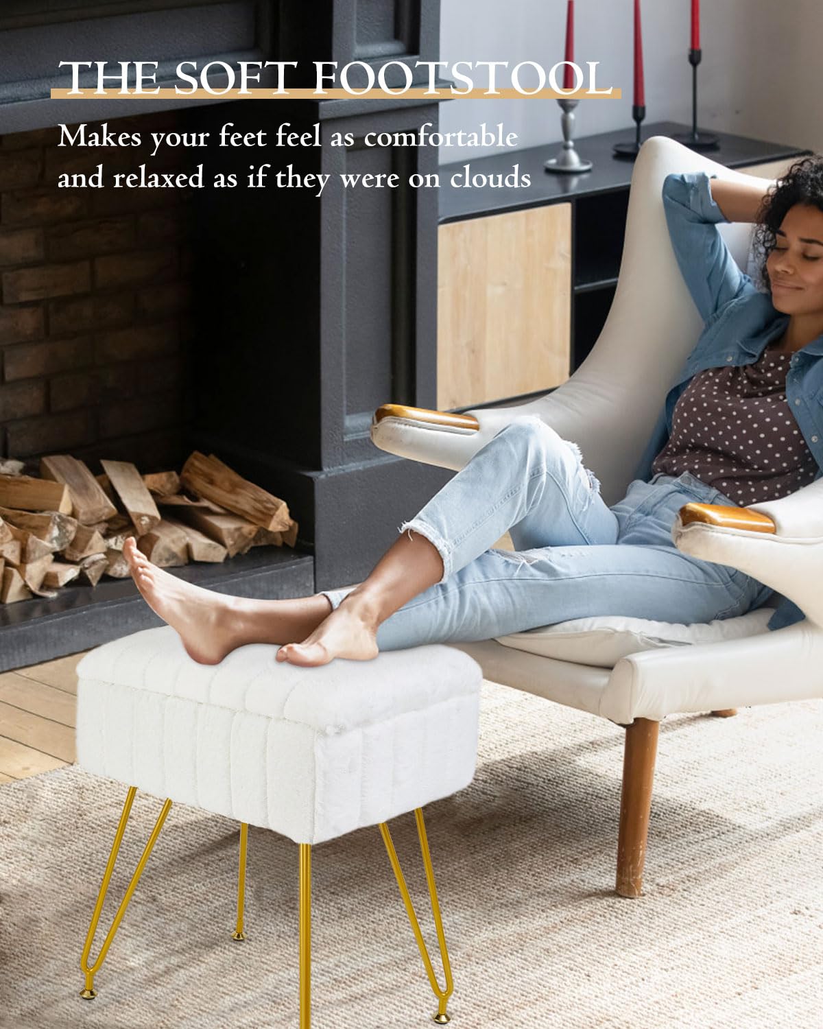 Tavovostar Vanity Stool with Storage, Faux Fur Makeup Stool with Metal Legs, Multifunctional Furry Footrest Ottoman Chair for Living Room Bedroom,White