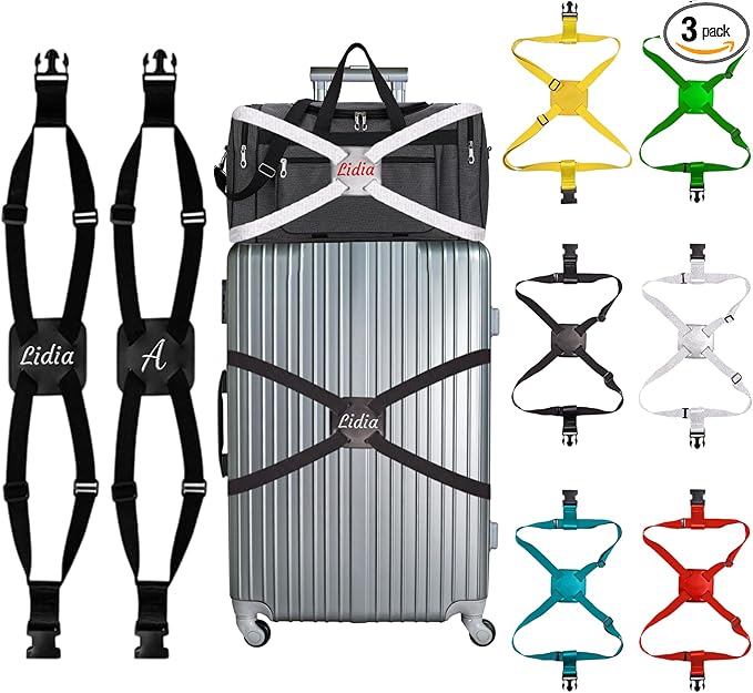 Personalized Luggage Straps Bag Bungee, Custom Luggage Straps for Suitcases - Add a Bag Securely, 3 Pcs Burst-Proof Elastic Travel Strap, High-Vis Luggage Connector Straps Adjustable 28"-95"
